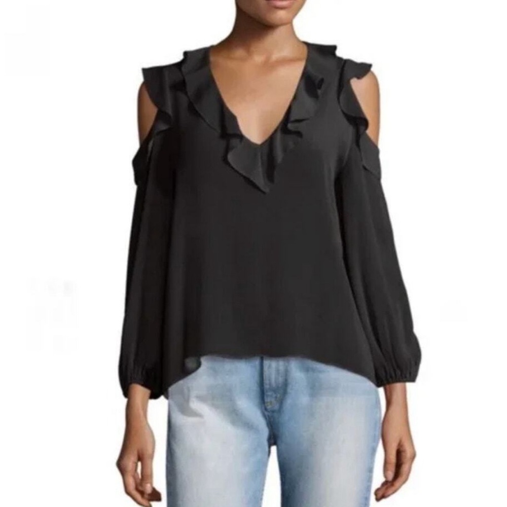 Alice + Olivia Gia Black Ruffle Cold Shoulder Top Sz Large